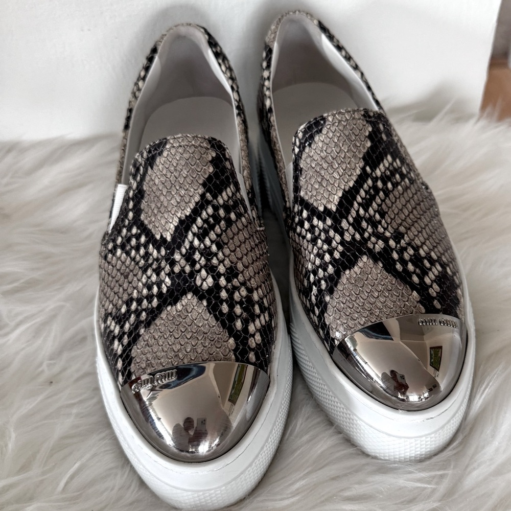 Miu Miu Snake Print Leather Metal Cap Toe Platform Loafers